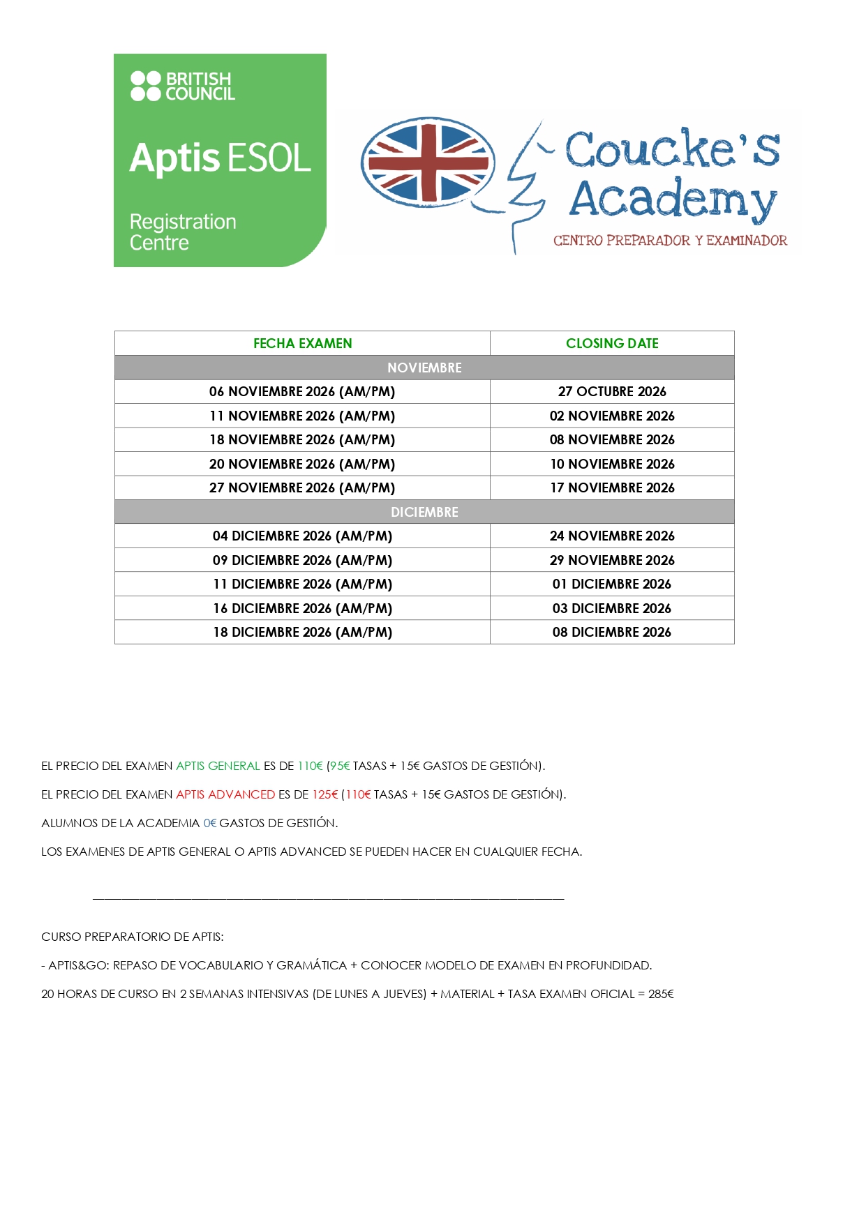 FECHAS APTIS NOV-DIC 2026