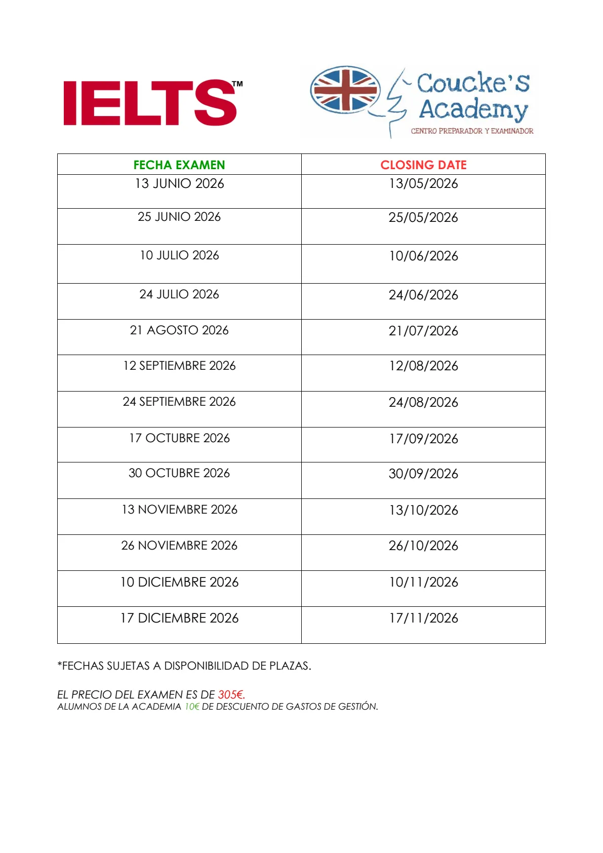 FECHAS IELTS 2026 COUCKE'S